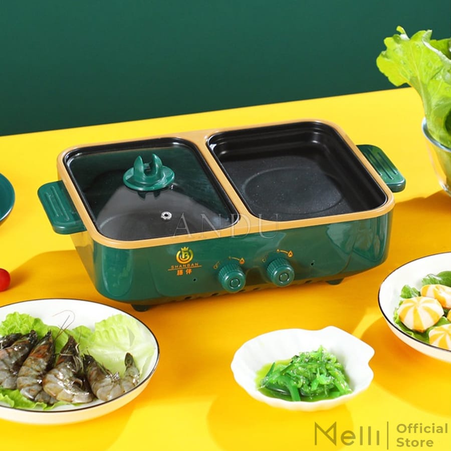 Bếp Lẩu Nướng Mini 2 Ngăn SHABAN Cao Cấp 2 In 1 Siêu Chống Dính, Nồi Lẩu Nướng Hàn Quốc