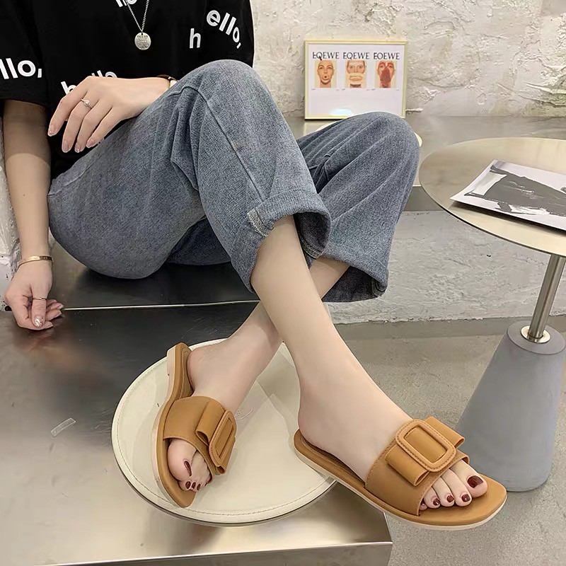 (Hàng Giới Hạn)Dép lê nữ quai ngang vuông đính khuy size 36-40