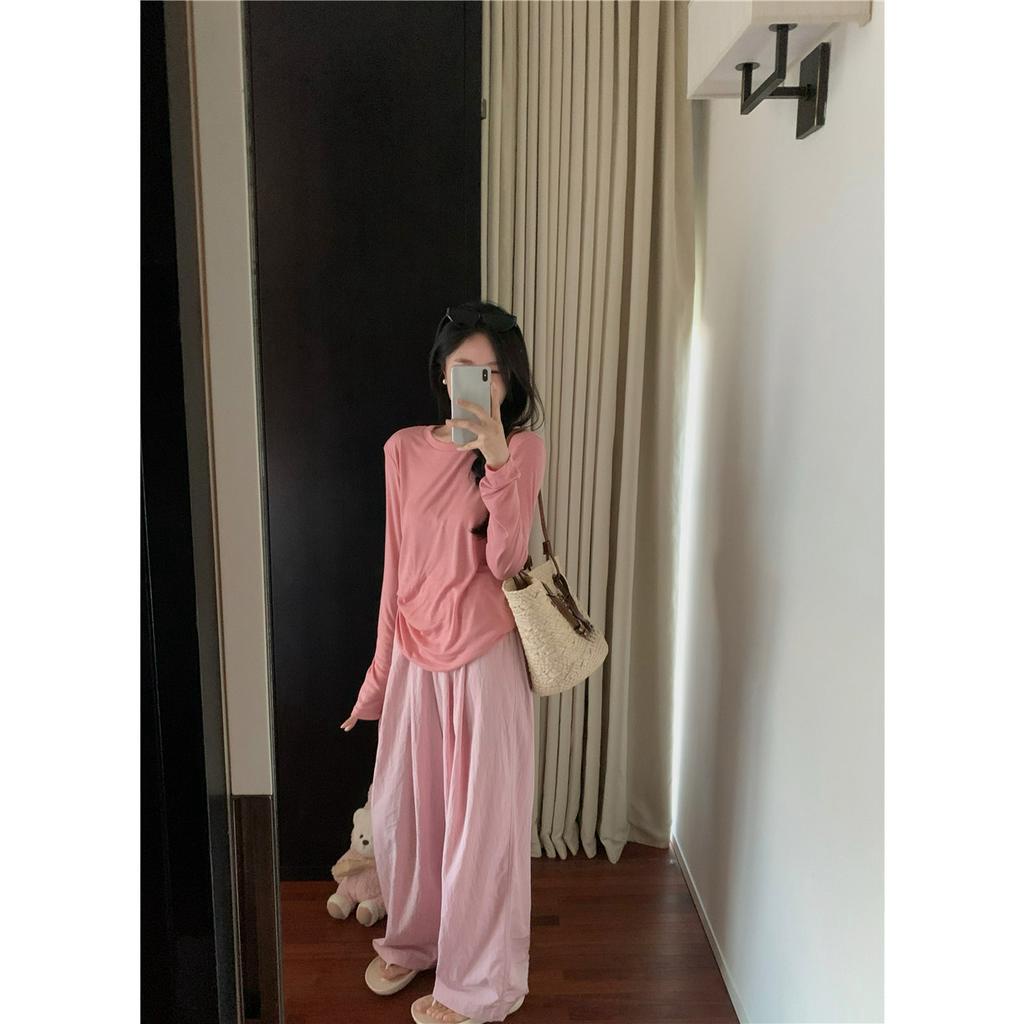 Cocory vn Bộ Áo Thun Tay Dài Cổ Tròn + Quần Ống Rộng Thời Trang Hàn Quốc Dành Cho Nữ