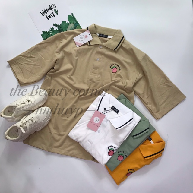 ÁO THUN UNISEX CỔ POLO FORM RỘNG TAY LỠ THÊU HÌNH QUẢ ĐÀO