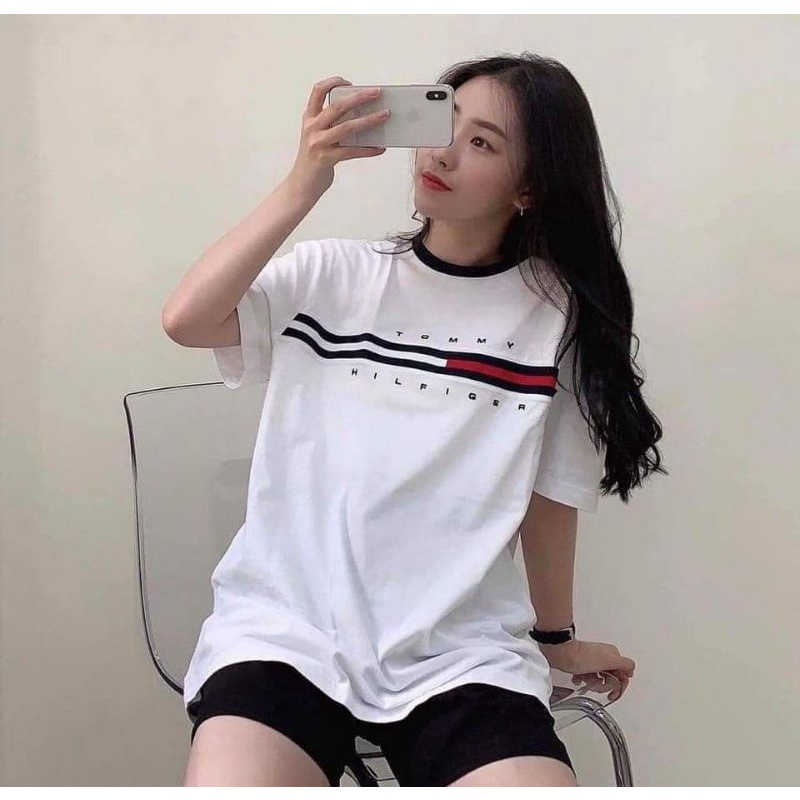 Áo phông tay lỡ form rộng unisex in họa tiết cổ tròn màu trắng đen tay ngắn  Áo thun cộc tay nữ hàn quốc bigsize đi học