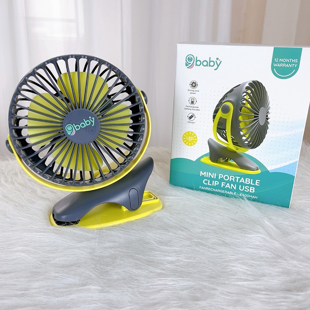 [ẢNH THẬT + VIDEO] Quạt mini 9BABY xoay góc 720 độ, Quạt kẹp xe đẩy, để bàn chạy liên tục tới 32 tiếng màu xám vàng