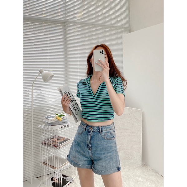 Croptop nữ thiết kế polo cổ V chất thun gân MIEU - JJN14