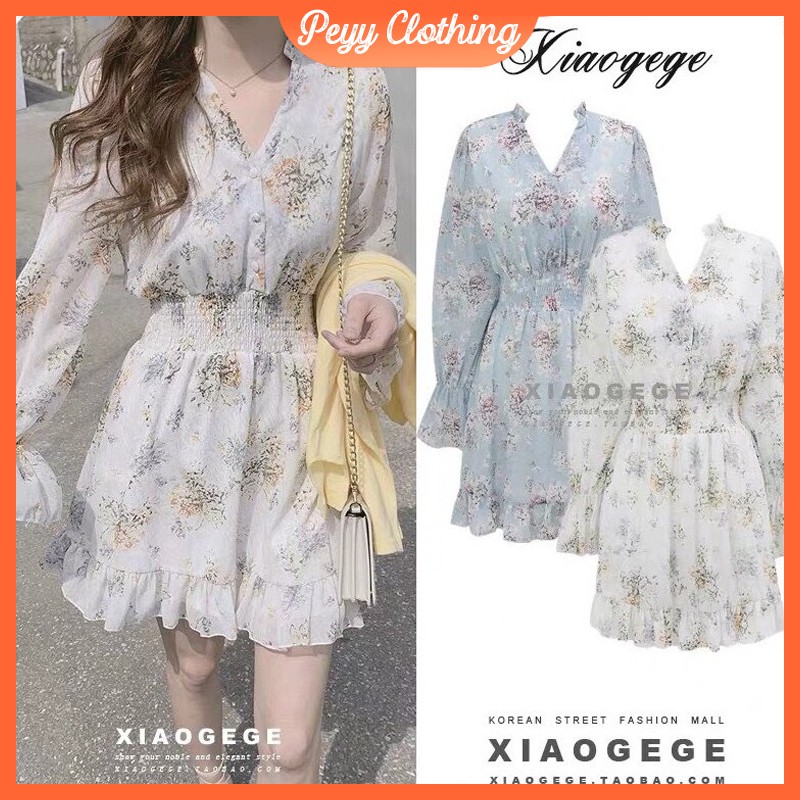 Đầm hoa tay dài dáng ngắn voan hoa vintage Hàn Quốc, Váy hoa nhí cổ tim ulzzang nhún eo Hàn Quốc V05 - Peyy Clothing