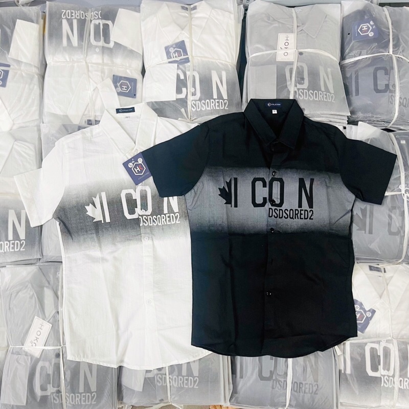 Áo sơ mi nam nữ ngắn tay chất liệu vải đũi in chữ ICON phong cách thời trang công sở tinh tế và sang trọng