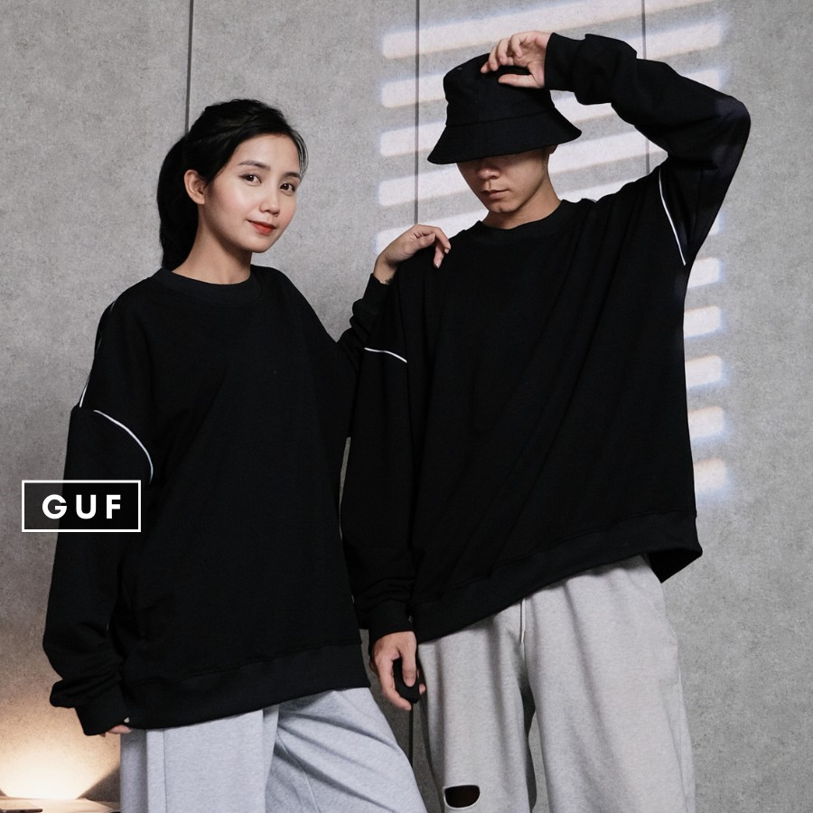 Áo Sweater Nam Nữ Form Rộng Bo Sọc Kẻ Ngang Vai Có Màu Basic Đen Chất Da Cá Hàn Cao Cấp Thương Hiệu GUF