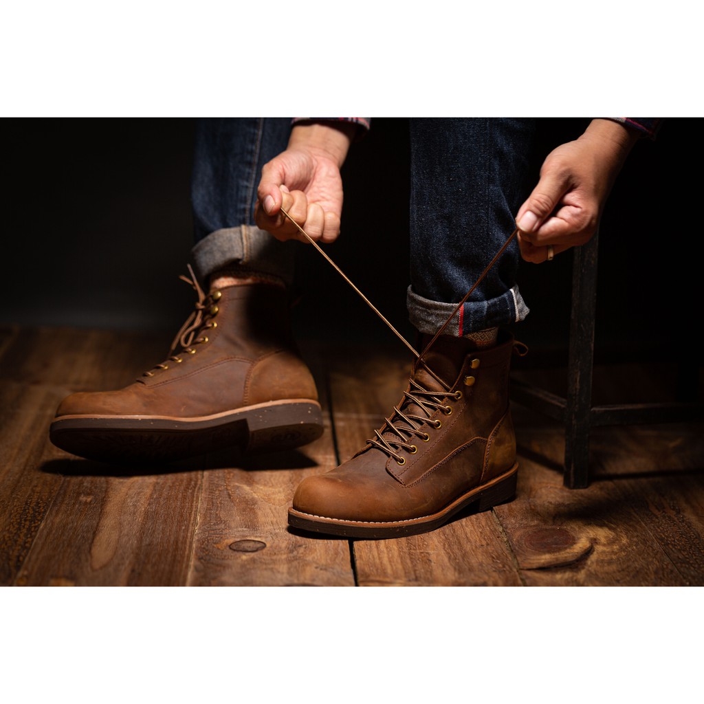 Giày boot nam da bò sáp cao cấp cổ cao . LINEMAN ĐEN SÁP - STEELER , đế khâu , phong cách workwear