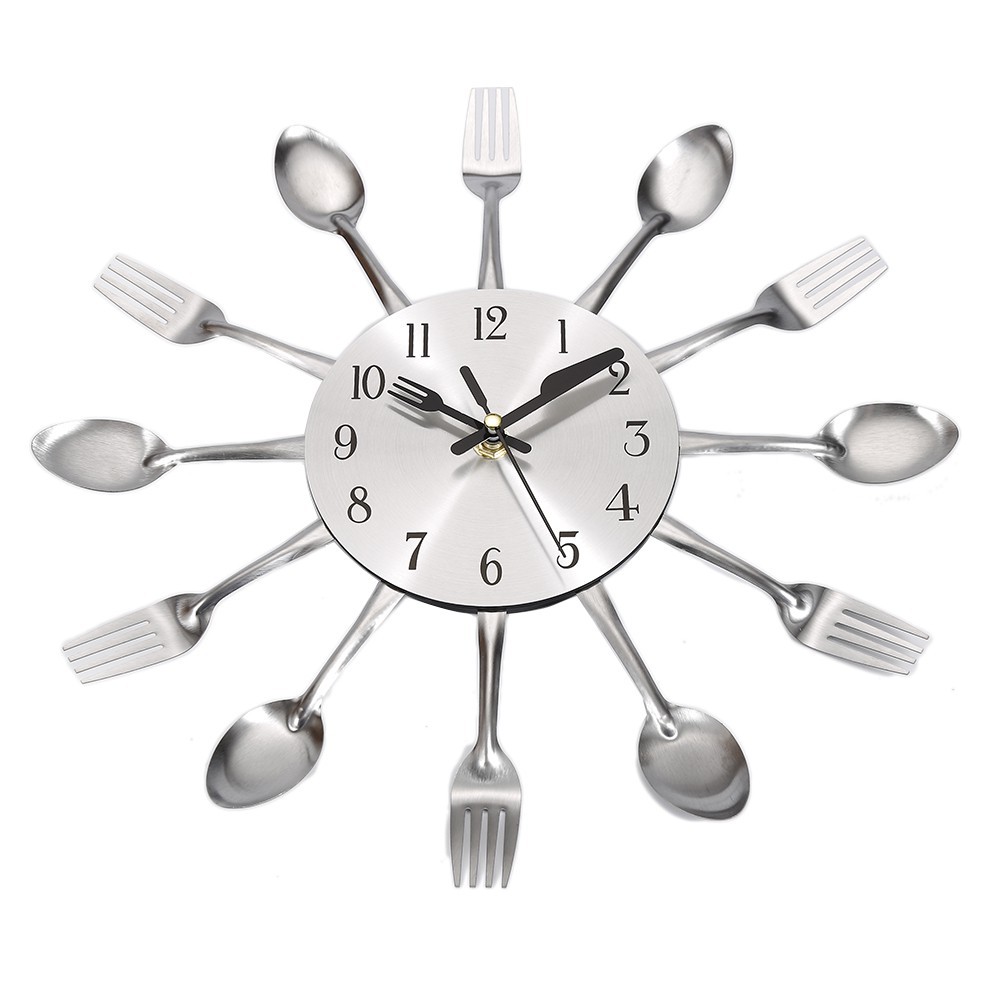 Silver Cutlery Fork Spoon Retro Wall Clock Modern Deco For Kitchen Home Office