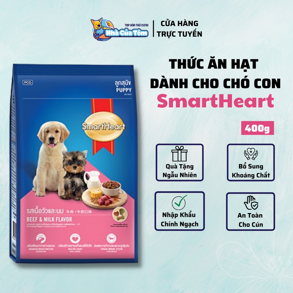 [400g] Thức Ăn Hạt SmartHeart Puppy Cho Chó Con Dưới 12 Tháng Tuổi - Vị Thịt Bò &amp; Sữa