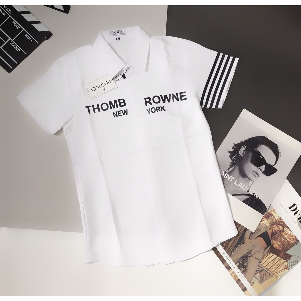 Áo Sơ Mi Nam Tay Ngắn Tay Sọc In Chữ Thomb Chất Thoáng Mát HÌNH THẬT, CÓ VIDEO