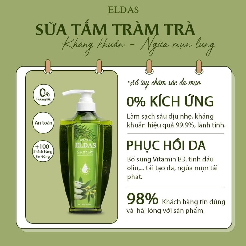 Sữa Tắm Ngăn Ngừa Mụn Lưng ELDAS Tinh Chất Tràm Trà 550ml