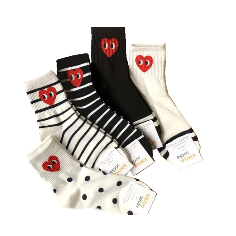 Vớ Cotton Thể Thao Họa Tiết Chấm Bi/ Kẻ Sọc/Hình Trái Tim Màu Đen/ Trắng Phong Cách Đường Phố Nhật Bản Thời Trang Cho Nữ