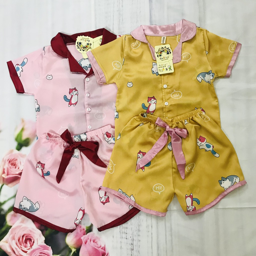 Bộ ngủ pijama lụa satin cộc tay cho bé gái size 14kg-28kg