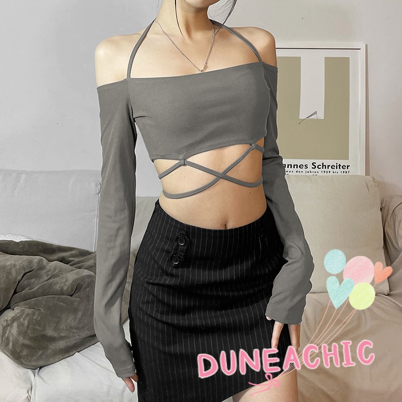 Áo Kiểu Tay Dài Trễ Vai Phối Dây Thắt Xinh Xắn Cho Nữ