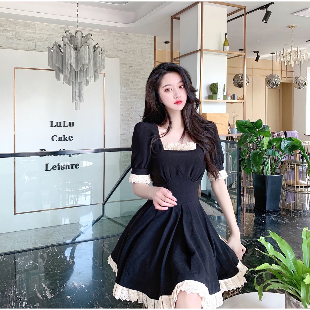 ĐẦM RETRO PHÁP EO THON ĐẦM ĐEN PHỐI REN