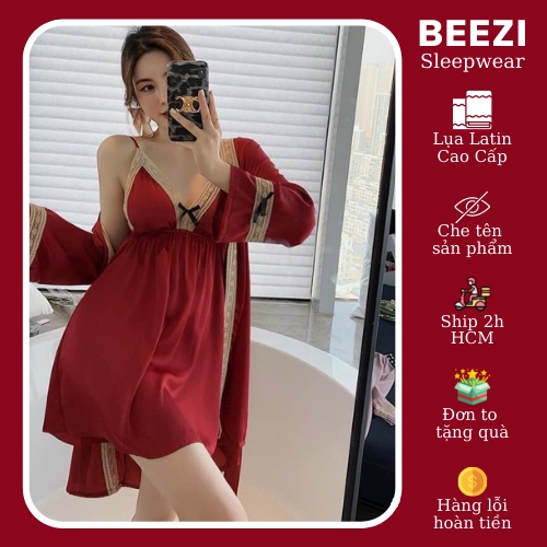 Đồ ngủ sexy BEEZI áo khoác kèm váy ngủ sexy 2 dây lụa Latin phối viền ren hoa quyến rũ, sang trọng-BZA06