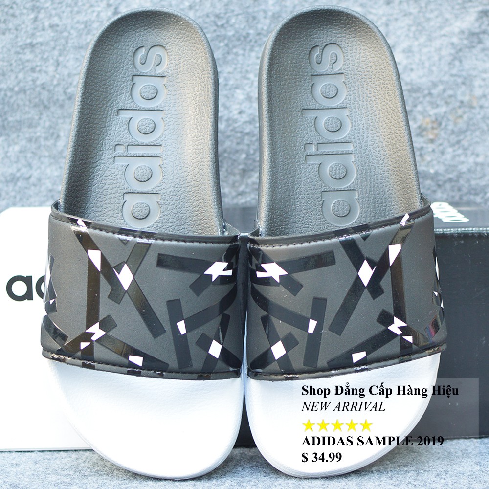 Dép Adidas Sample 06/2019 màu đen trắng quai đen sọc đen logo trắng
