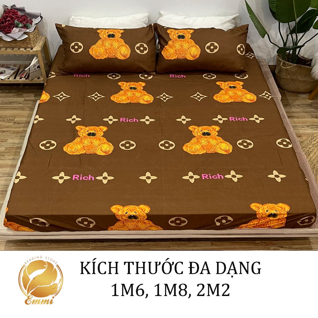 set 3 món ga gối cotton EMMIBEDDING STORE mẫu gấu NÂU gồm 1 ga và 2 vỏ gối nằm