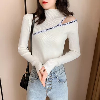 Áo Dệt Kim Cổ Cao Dáng Ôm In Chữ Màu Trơn Thời Trang