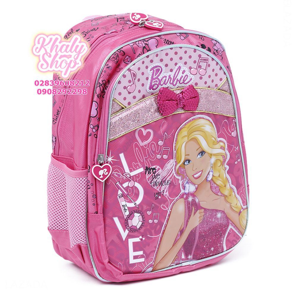 Balo trẻ em 15'' hình Barbie chấm bi đính nơ màu hồng dành cho học sinh ,bé gái - BLBALV15H (32x12x38cm)