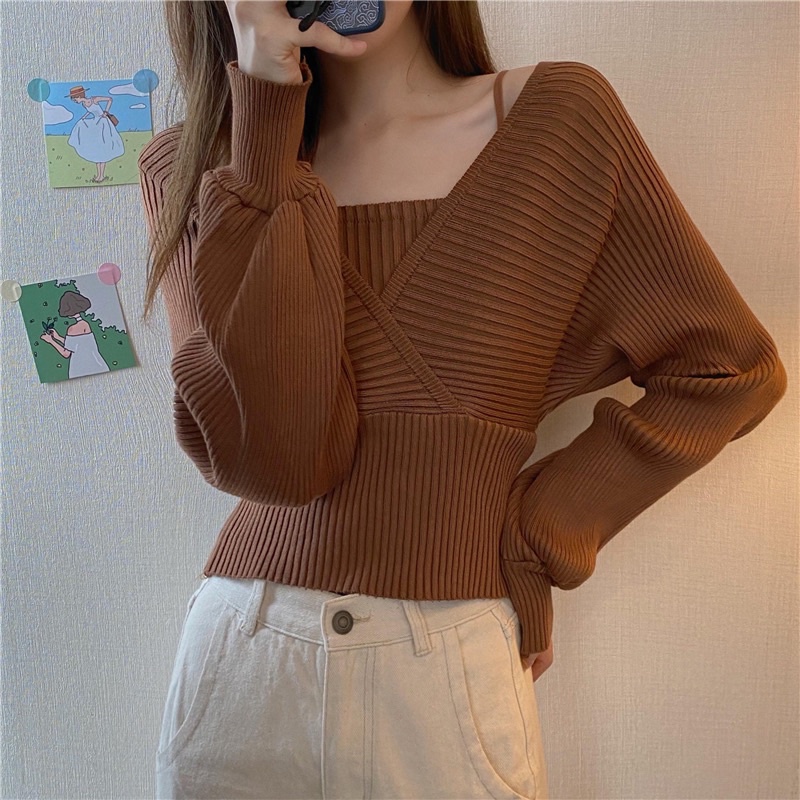 Áo len nữ dài tay bồng điệu cổ V hai dây