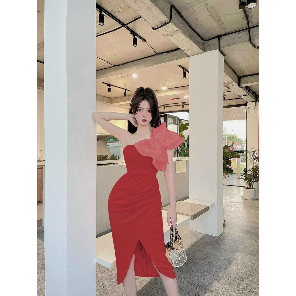 Đầm công chúa xẻ tà điệu đà hở vai phối nơ lệch bên vai cực kì sang trọng thanh lịch 4 màu phong cách thời trang