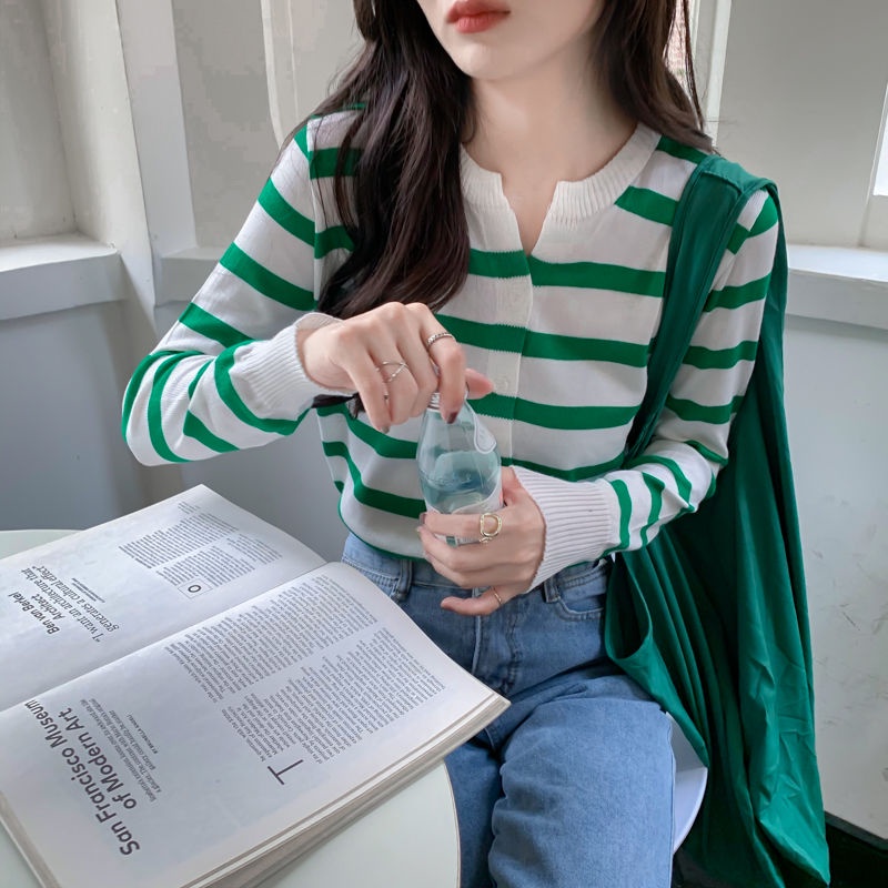 Áo Khoác Cardigan Dệt Kim Tay Dài Dáng Rộng Họa Tiết Kẻ Sọc Thời Trang Hàn Quốc Mới Cho Nữ