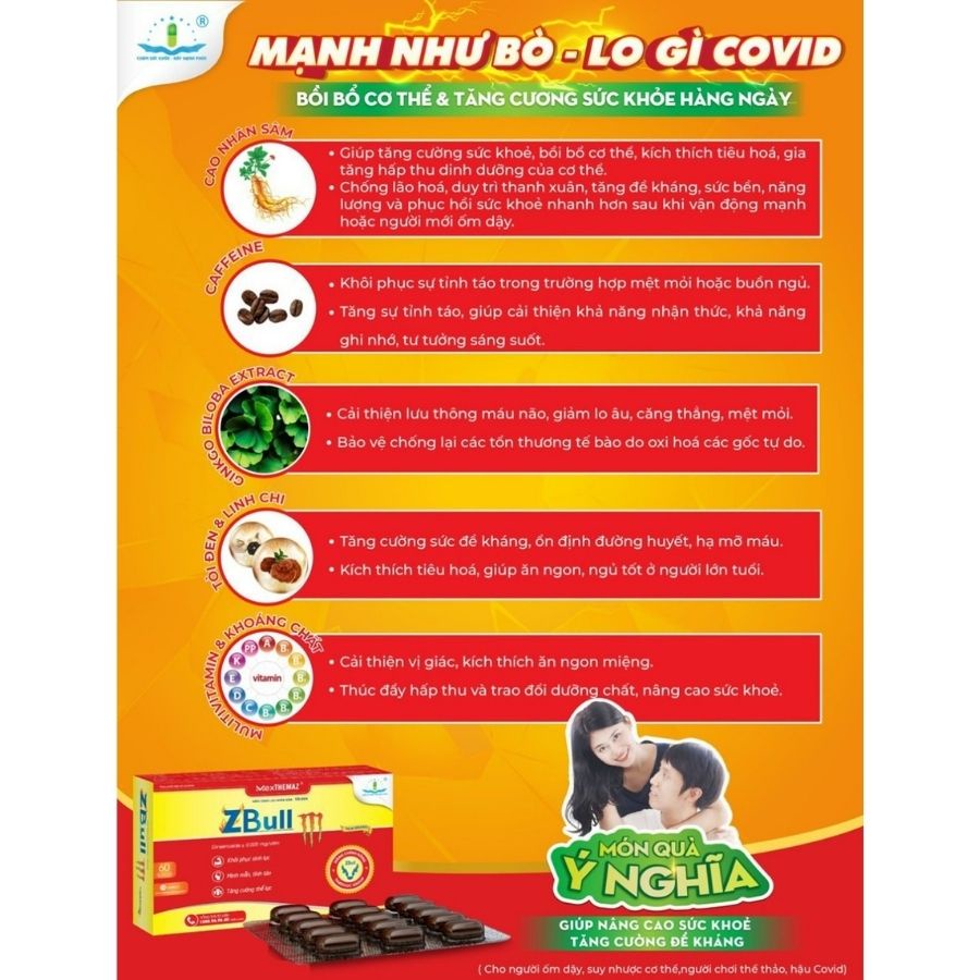 Zbull M New brand - Viên tăng lực cho người trưởng thành, giúp khỏe mạnh, tập trung, tỉnh táo, giảm stress - Hộp 60 viên