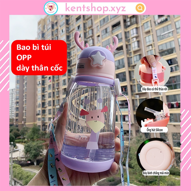 Bình tập uống nước cho bé có ống hút chống sặc Silicon Cao Cấp, Bình uống nước Sừng Nai Cute KID cùng bé đi học