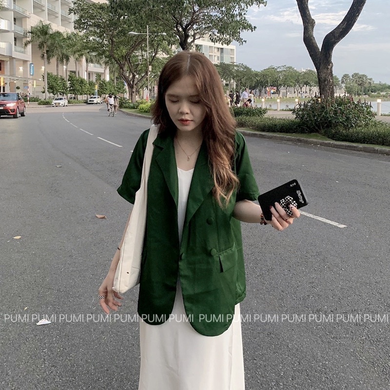 Áo blazer tay ngắn cổ vest 4 nút bọc nhiều màu freesize Pumi | BigBuy360 - bigbuy360.vn