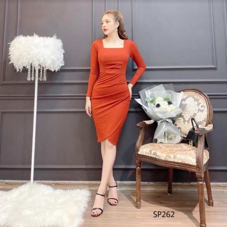 ADIOS Váy nhũ sạn cổ vuông vạt xếp, đầm công sở sang trọng, quyến rũ SP262 | BigBuy360 - bigbuy360.vn