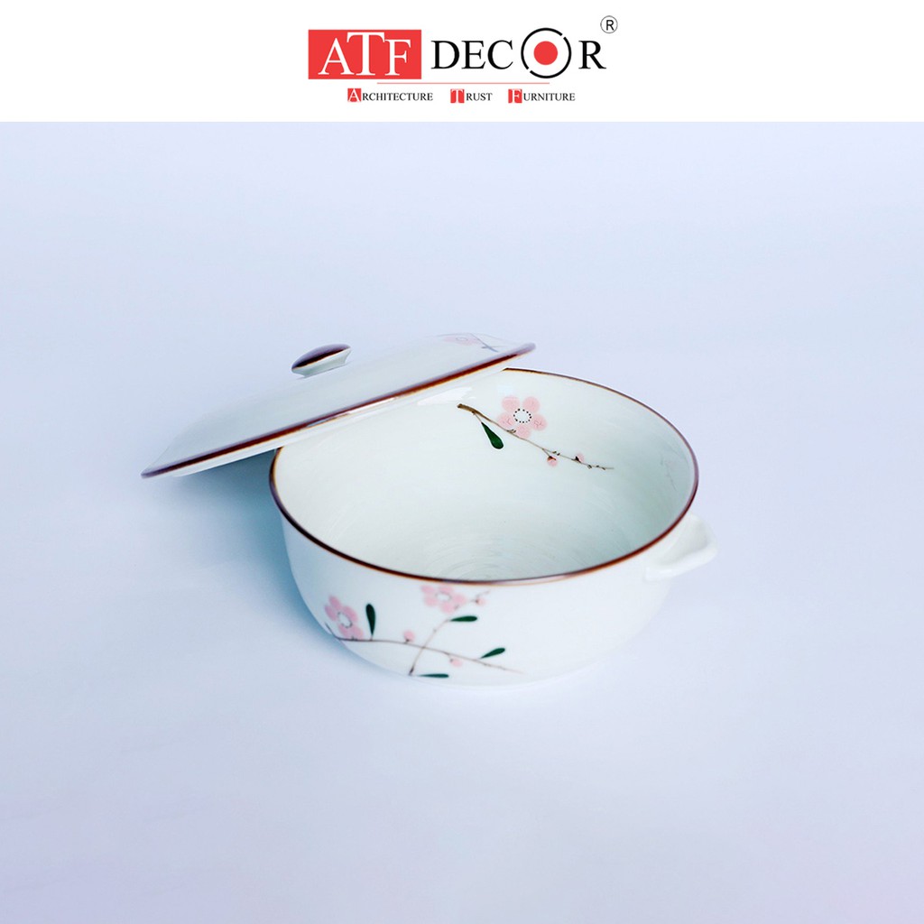 Âu cơm, thố sứ Bát Tràng men kem cao cấp vẽ đào hồng - ATF Decor