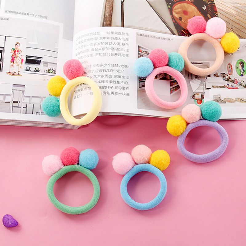 Set 2 / 5 / 10 Dây Cột Tóc Phối Bóng Lông Xinh Xắn Cho Bé Gái