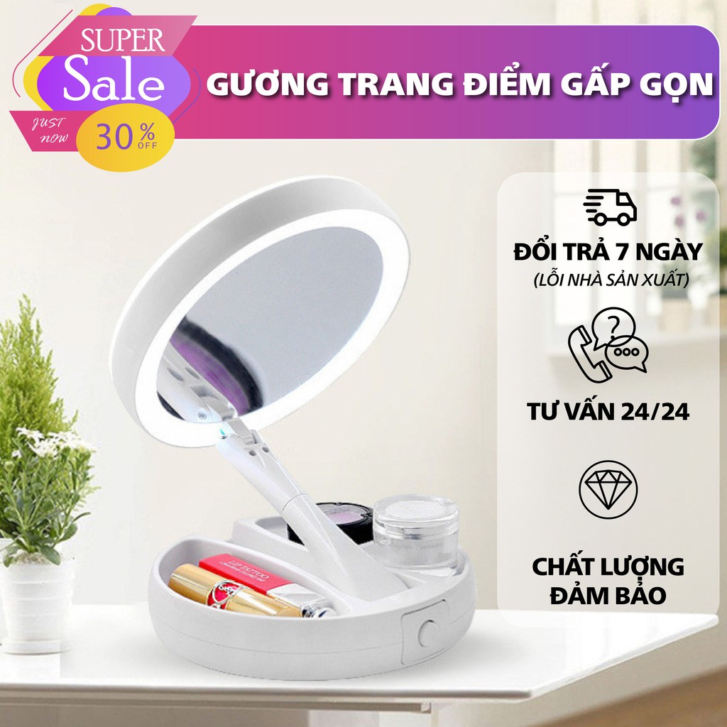 Gương Trang Điểm Có Đèn LED Để Bàn Gấp Gọn, sang trọng, gấp gọn gàng, hiện đại, tiện lợi, freeship