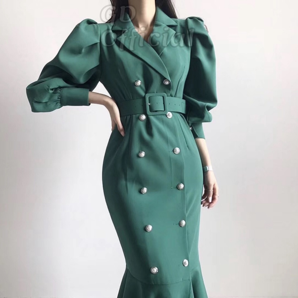 D34|Đầm nữ công sở cổ vest chữ V tay phồng kèm thắt lưng buộc eo dài dáng đuôi cá cổ điển màu xanh, tím, đen GD Official
