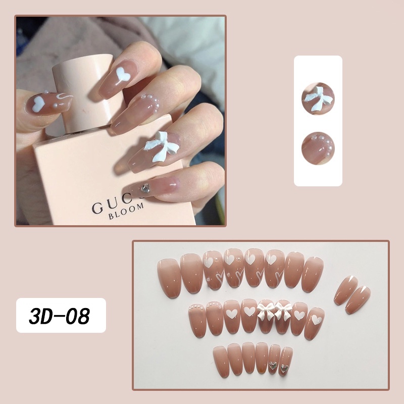 Set 24 móng tay giả thiết kế kiểu dáng 3D kèm keo dán phong cách Pháp tinh tế