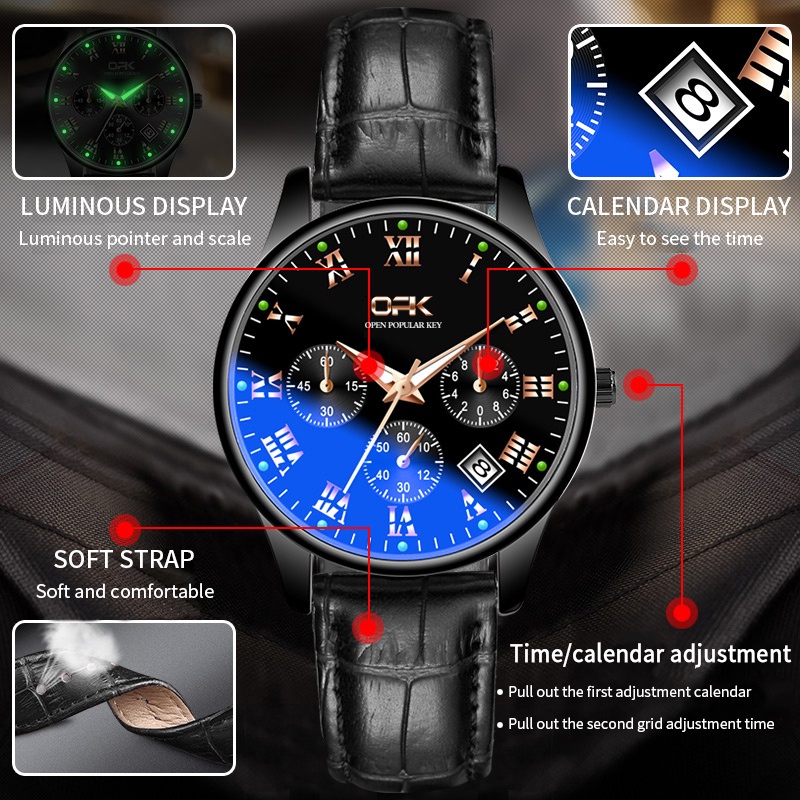 OPK 8120 Watch Men Leather Genuine Waterproof Original Luminous Calendar Blu-ray Fashion