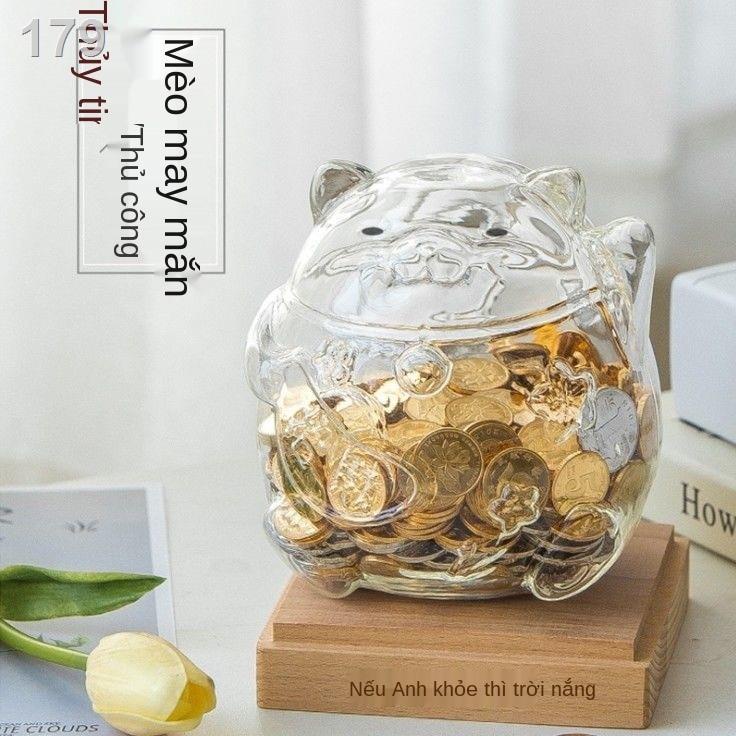 Thủy tinh trong suốt mèoy mắn động vật dễ thương con tiết kiệm heo đất đổi xu lọ món quà sinh nhật tùy chỉnh
