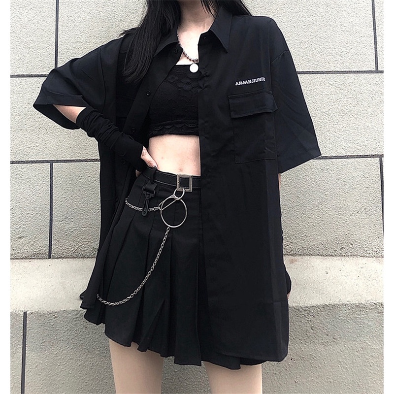 Áo sơ mi tay lỡ túi hộp form rộng unisex nam nữ hiphop + chân váy xếp ly ngắn cá tính Châu Âu