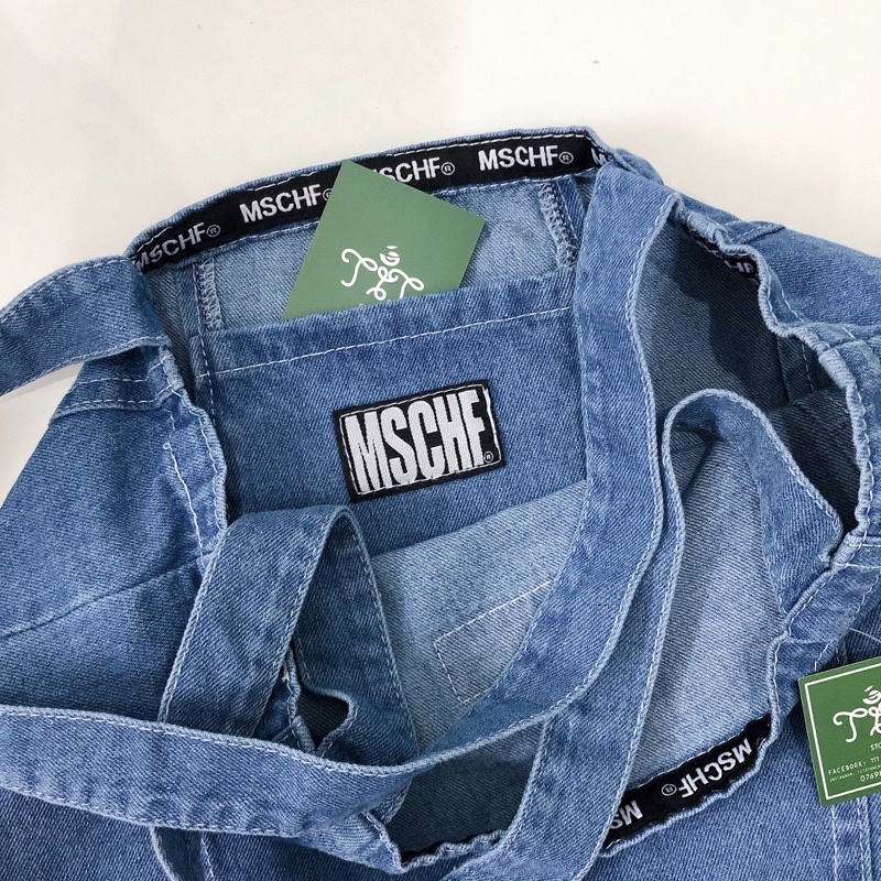 Túi tote đeo vai vải jean denim cỡ lớn MISCHIEF ulzzang Hàn Quốc (có sẵn)