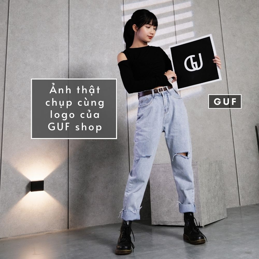 Quần Jean Nữ Dáng Baggy Thương Hiệu GUF Cạp Cao Có Thêm Bản Rách Gối Đơn Giản GUF | BigBuy360 - bigbuy360.vn