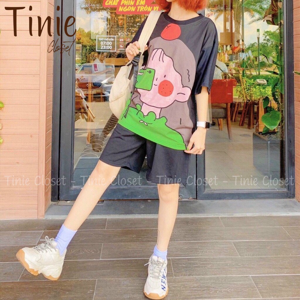 Set đồ bộ hoạt hình nam nữ form rộng Unisex Girl Táo Tinie Closet,Áo thun+quần đùi Freesize