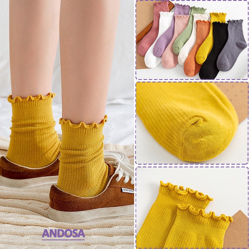 Tất vớ nữ cổ cao trơn bèo nhún Hàn Quốc cute cotton dày đẹp dễ thương ANDOSA T03