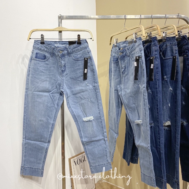 Quần Jean Nữ Baggy Lưng Vừa Xẻ Gấu Rách Nhẹ Co Giãn Tốt Phom Lửng Phong Cách Sành Điệu Thời Trang