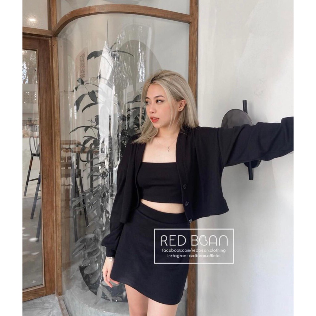 Set áo đen croptop 2 dây kèm khoác và chân váy