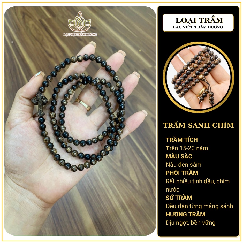 Vòng Tay Trầm Hương 108 Hạt Mix Thánh Giá Thiên Chúa Trầm Sánh Chìm Tự Nhiên Cao Cấp - Lạc Việt Trầm Hương