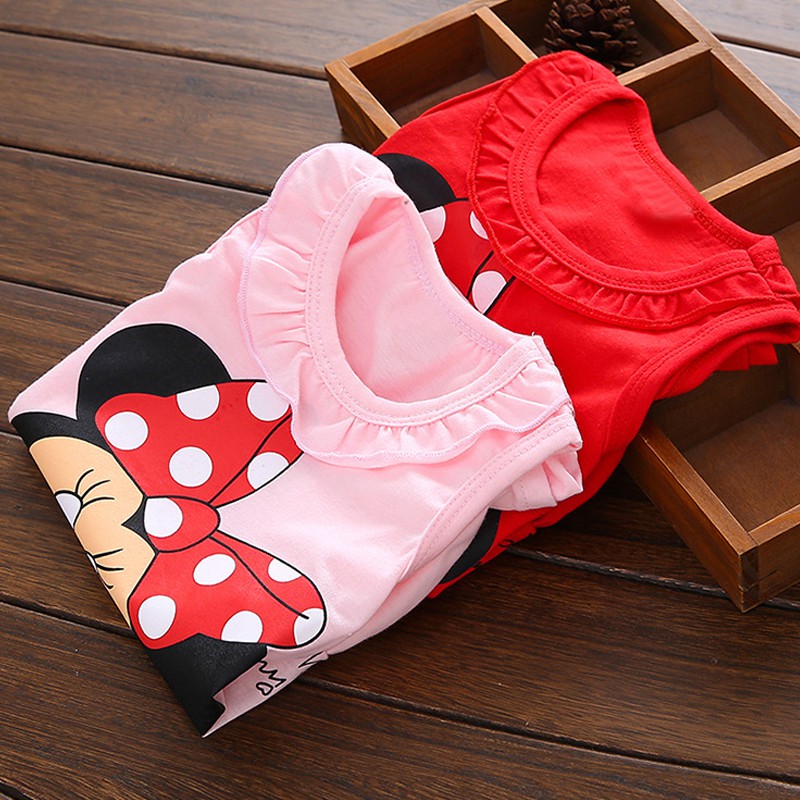 Đầm sát nách in hình chuột Minnie màu hồng/ đỏ cho bé gái