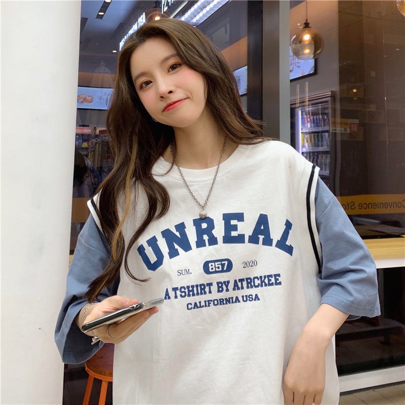 Áo thun tay ngắn giả hai lớp dáng rộng phong cách Hàn Quốc Harajuku cho nữ sinh