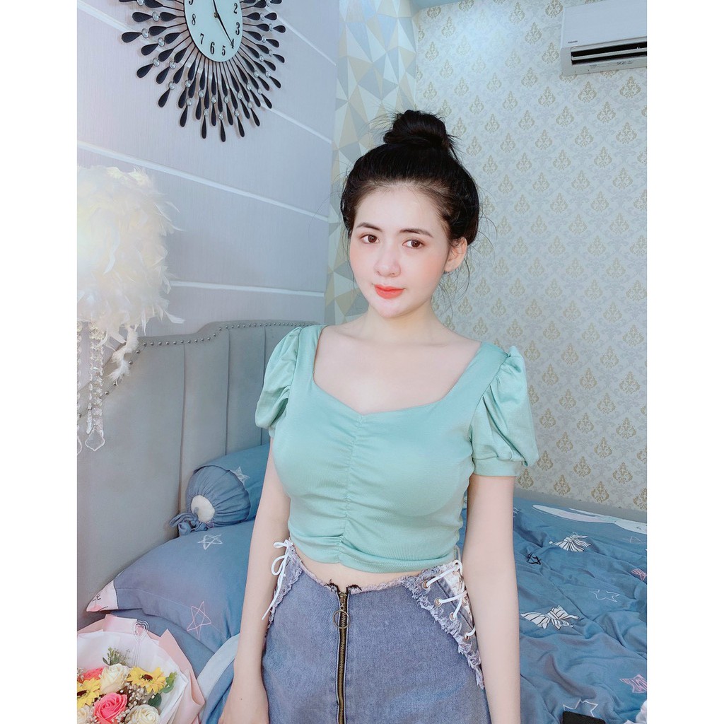 áo thun bozip croptop hở lưng v rút dây ngang sau xinh xắn kèm mút