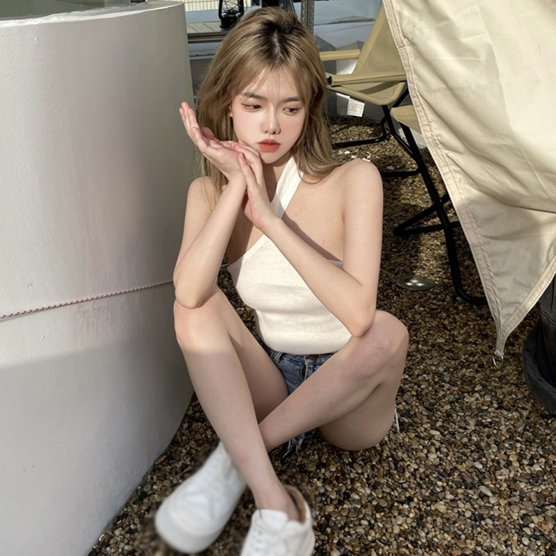 Áo croptop dệt kim không tay màu sắc đơn giản dành cho nữ